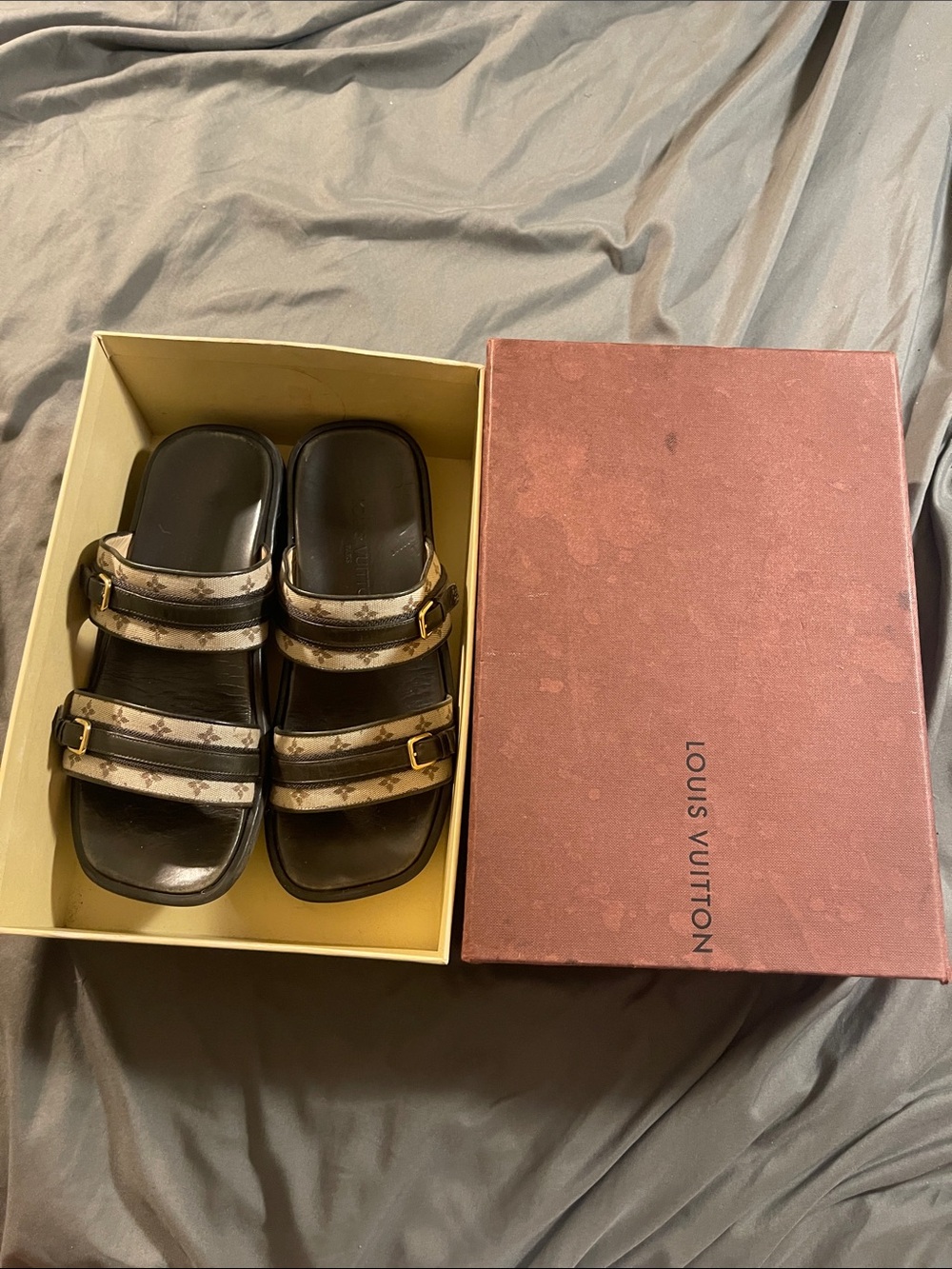 Louis Vuitton Beige Monogram & Black Leather Dual-Strap Slides with Gold Buckles